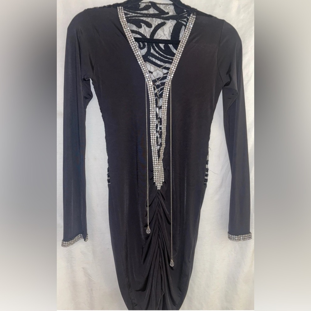 Savee Couture Black Stretch Evening Dress w/ Rhinestones Sequin Lace Back XS New